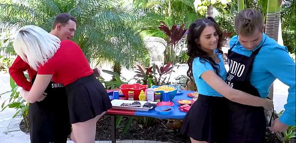  Sabrina Snow and Sofie Reyes request their dads to teach them how to play football while having a barbecue party. The girls started hinting for more action to their dads.